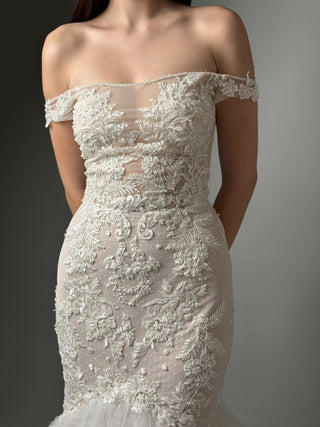 Off-Shoulder Lace Mermaid Wedding Dress - In Stock