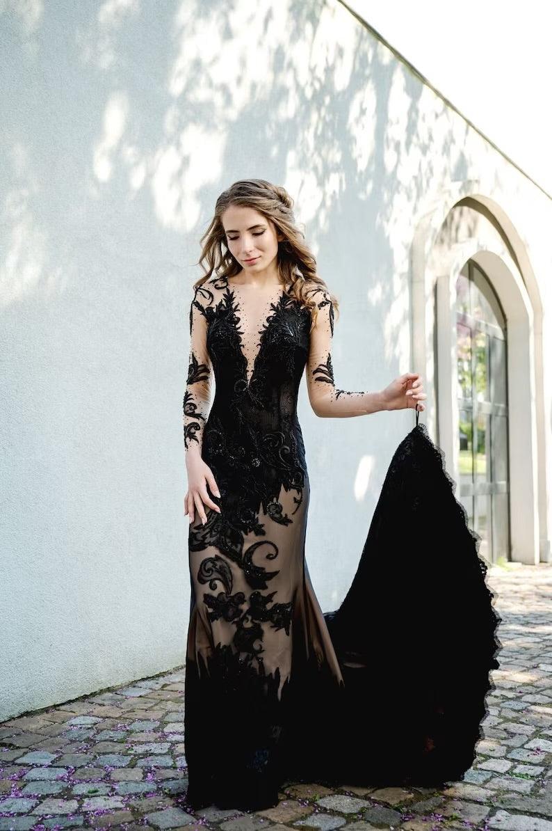 Black Lace Gown with Open Back and Long Sleeves | Gothic Wedding Dress Black Lace Gown with Open Back and Long Sleeves | Gothic Wedding Dress