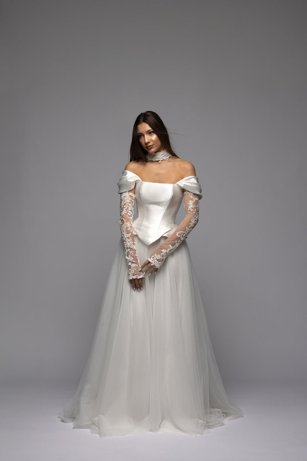 Mikado Basque Waist Corset Tulle Skirt Wedding Dress Cadence
