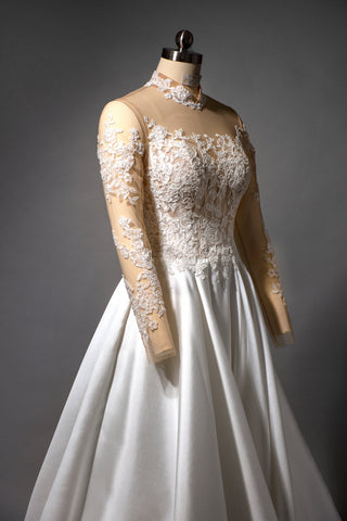 Modest high neck lace wedding dress with long sleeves