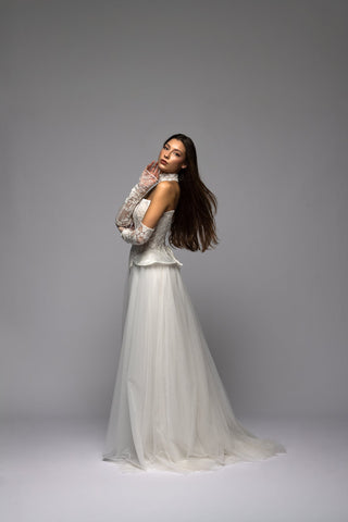 Lace basque waist corset with a soft layered tulle skirt