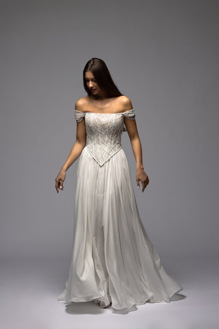 Beaded off-shoulder corset with a weightless chiffon skirt