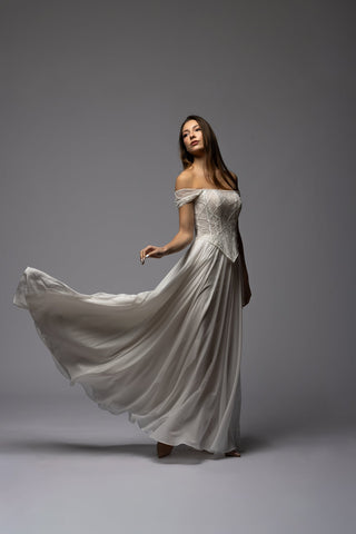 Beaded off-shoulder corset with a weightless chiffon skirt