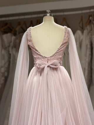 Clearance | Pink Tulle A-Line Gown with Slit & Beads