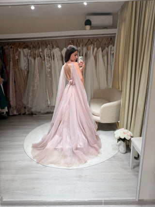 Clearance | Pink Tulle A-Line Gown with Slit & Beads