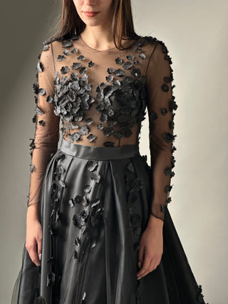Schwarzes Gothic-Kleid mit Blumenmuster in A-Linie und langen Ärmeln