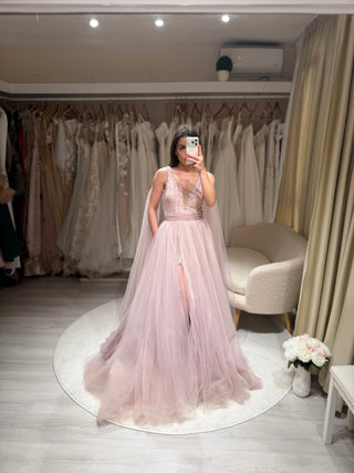 Clearance | Pink Tulle A-Line Gown with Slit & Beads
