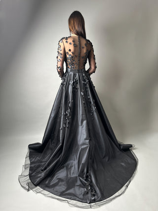 Schwarzes Gothic-Kleid mit Blumenmuster in A-Linie und langen Ärmeln