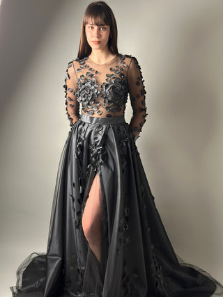 Schwarzes Gothic-Kleid mit Blumenmuster in A-Linie und langen Ärmeln
