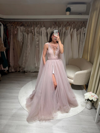Clearance | Pink Tulle A-Line Gown with Slit & Beads