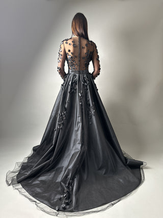 Schwarzes Gothic-Kleid mit Blumenmuster in A-Linie und langen Ärmeln