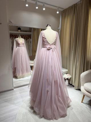 Clearance | Pink Tulle A-Line Gown with Slit & Beads