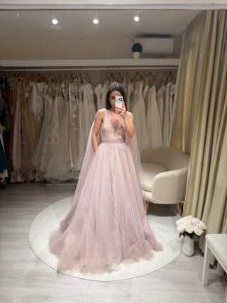 Clearance | Pink Tulle A-Line Gown with Slit & Beads