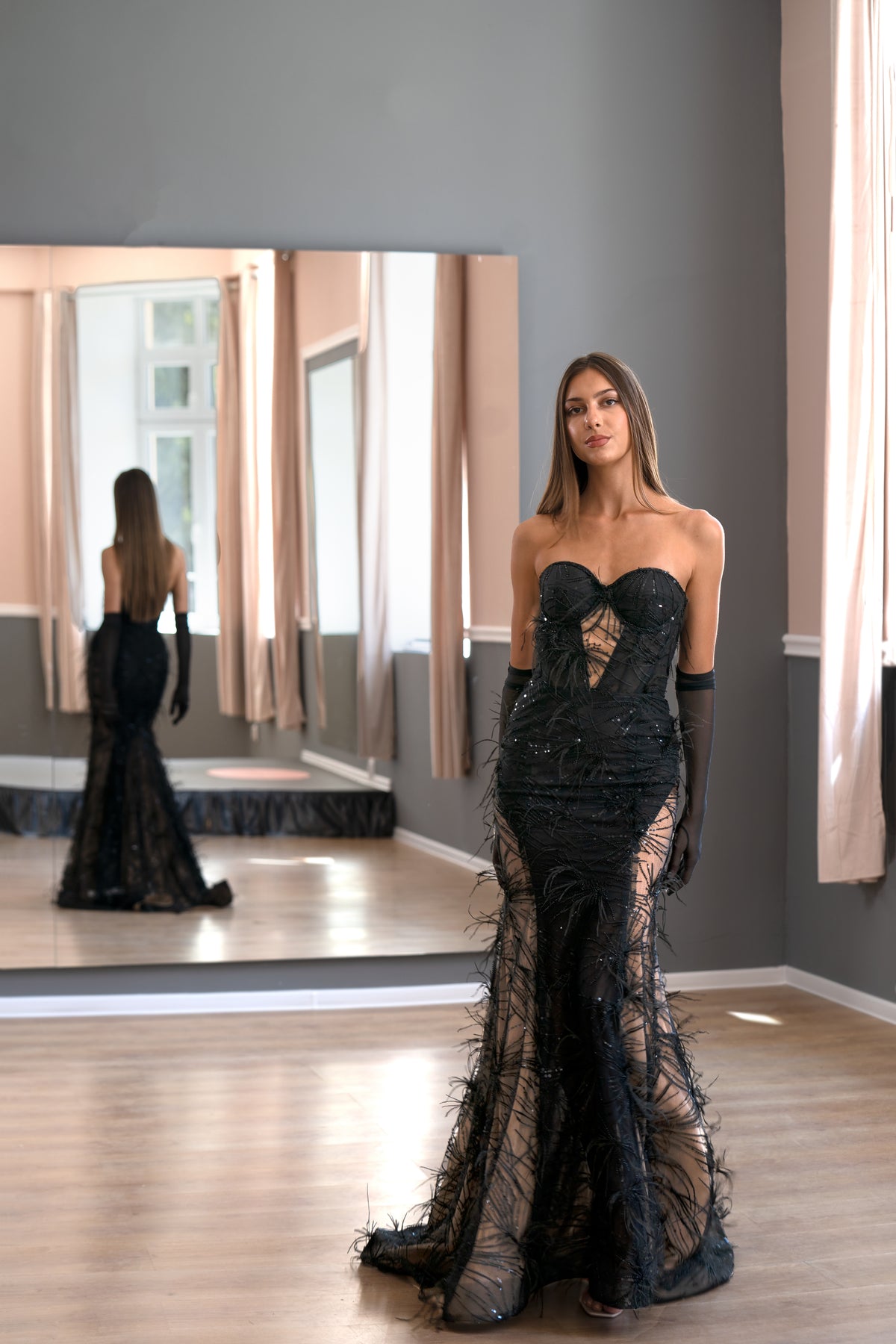 black mermaid trumpet dress Black Mermaid Dress with Feathers in style GL3123