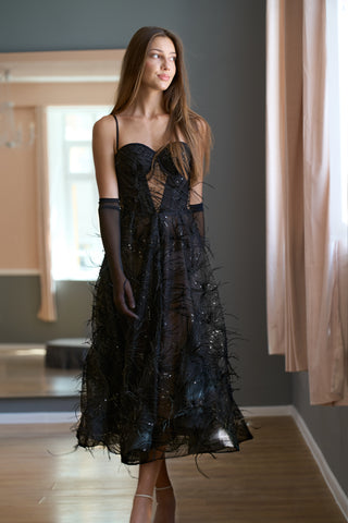 Schwarzes elegantes Couture-Kleid A-Linie Midi mit Straußenfedern