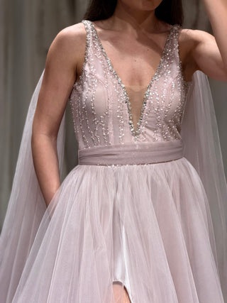 Clearance | Pink Tulle A-Line Gown with Slit & Beads