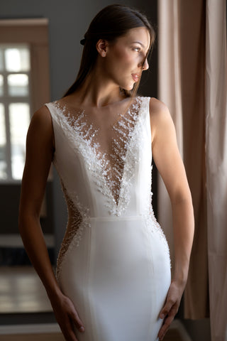 Crepe Fit-and-Flare Wedding Dress Grace with Illusion Neckline