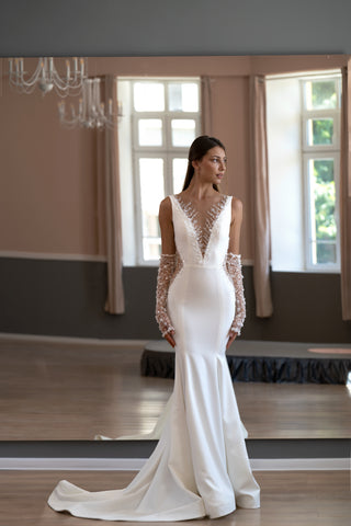 Crepe Fit-and-Flare Wedding Dress Grace with Illusion Neckline