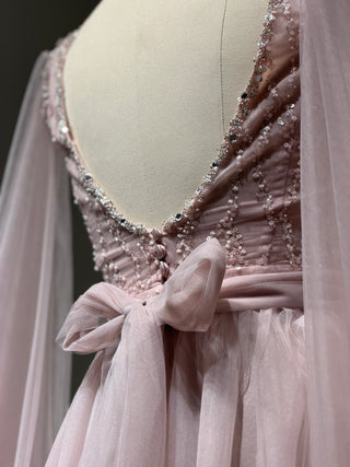 Clearance | Pink Tulle A-Line Gown with Slit & Beads