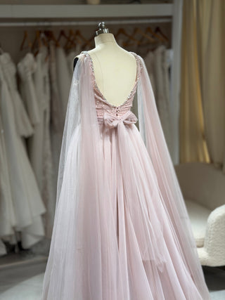 Clearance | Pink Tulle A-Line Gown with Slit & Beads