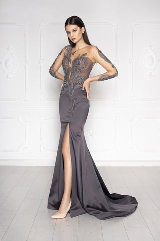 Gray Beaded Evening Gown - In Stock
