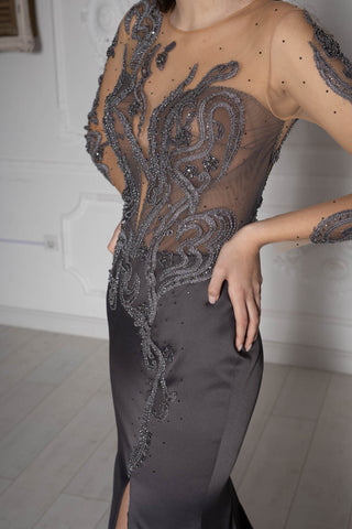 gray beaded dress Gray v neck tulle beads long prom dress beads tulle evening dress