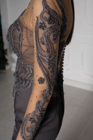 Gray Beaded Evening Gown - In Stock