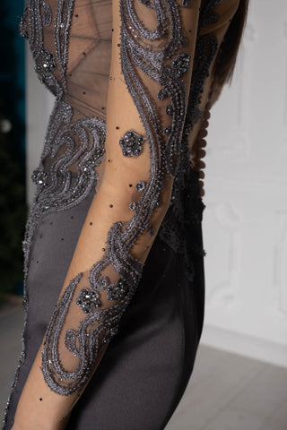 Gray Beaded Evening Gown - In Stock