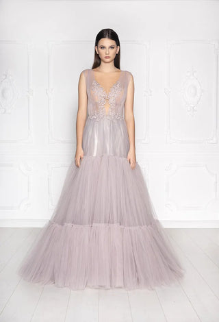 Mauve tiered tulle evening gown with illusion deep V-neckline, floral embroidery, and tiered skirt.