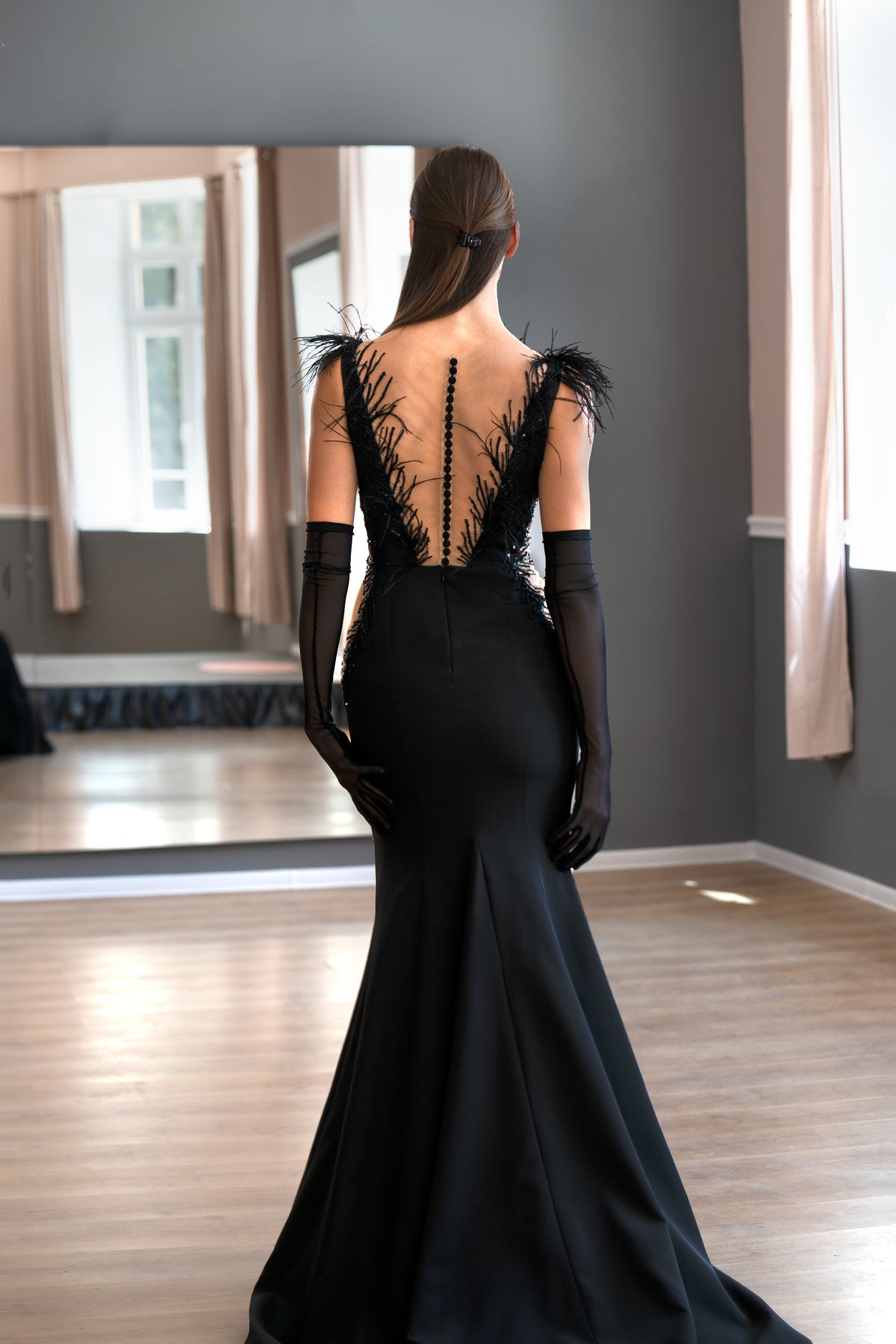 romantic goth deep v-neck sweetheart mermaid dress reviews Black Lace Gothic Mermaid Gown with gloves and feathers Mary