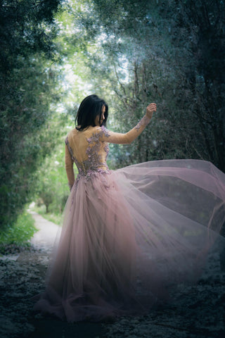 Whimsical Fairy Floral Gown with Long Sleeves/ Blush Pink Gown/ Open Back Dress Whimsical Fairy Floral Gown with Long Sleeves/ Blush Pink Gown/ Open Back Dress