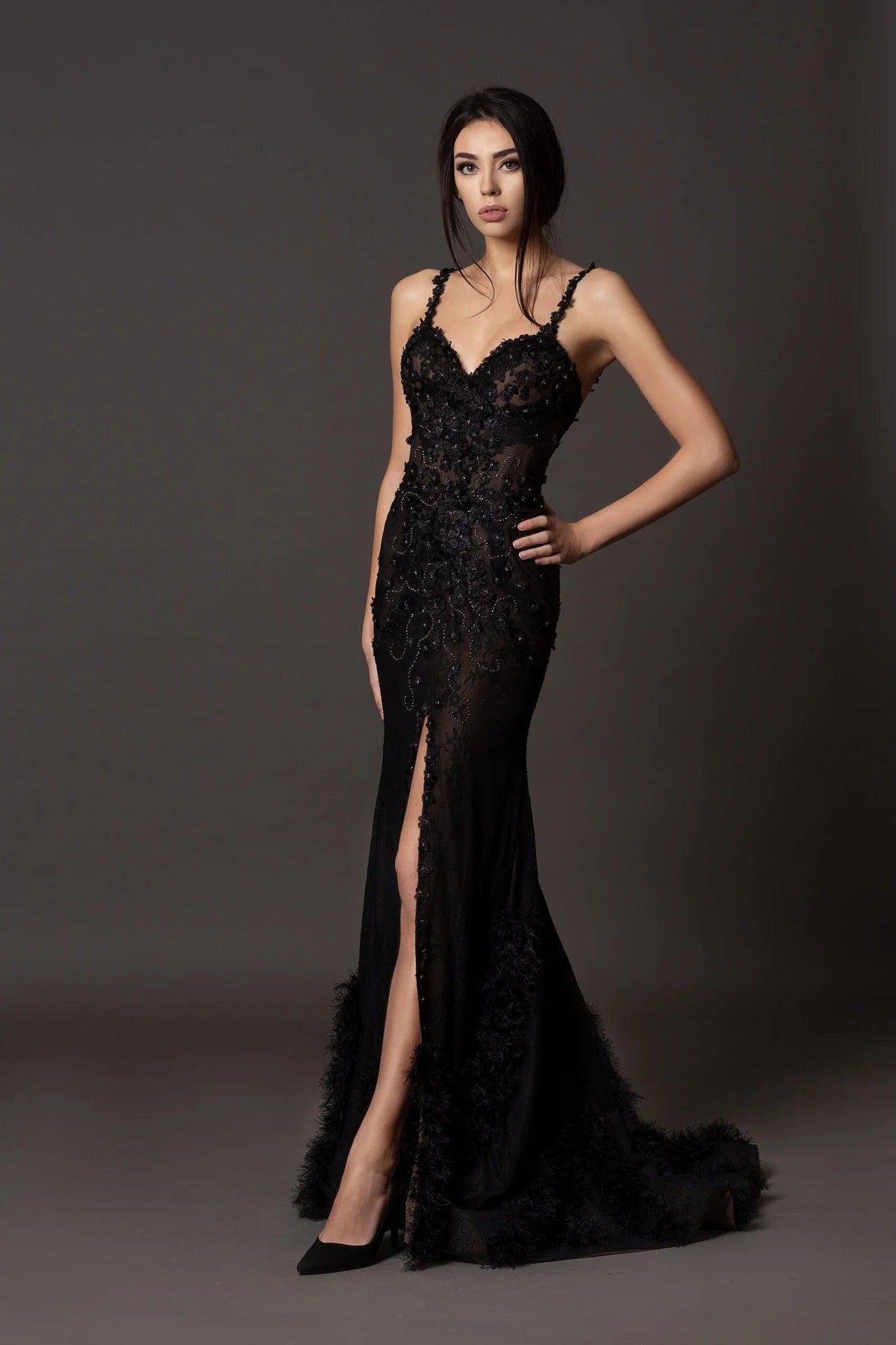 Black Lace Evening Gown with Slit – Open Back Dress
