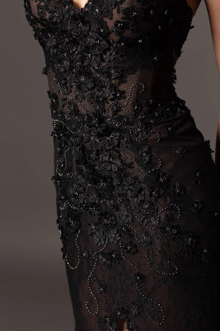 Black lace evening gown with slit and open back - Dioma