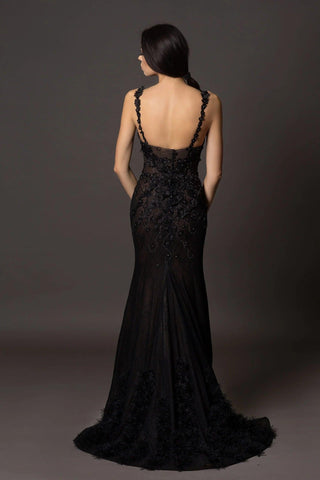 Black lace evening gown with slit and open back - Dioma
