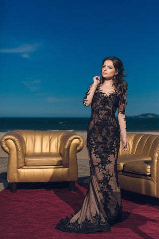 Black Lace Gown Long Sleeve - Dioma Fashion