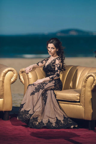 Black Lace Gown Long Sleeve - Dioma Fashion