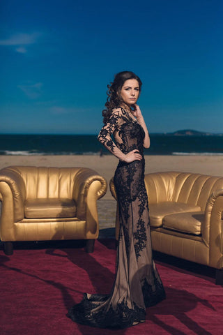 Black Lace Gown Long Sleeve - Dioma Fashion