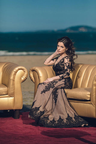 Black Lace Gown Long Sleeves - Dioma Fashion