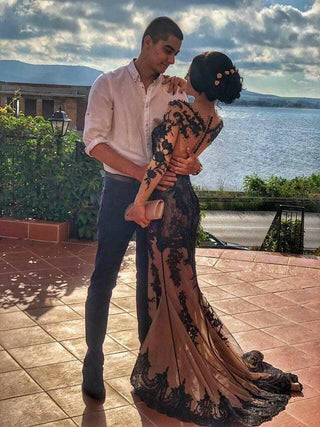 Black Lace Gown Long Sleeves - Dioma Fashion