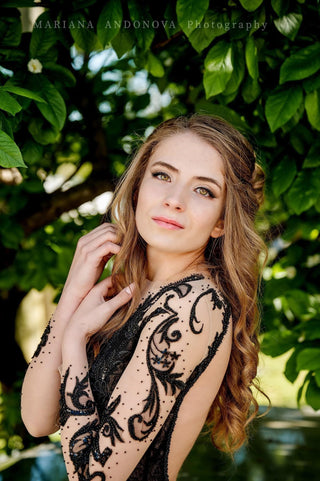 Black Lace Gown with Open Back and Long Sleeves - Dioma Fashion