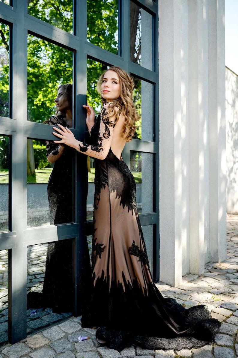 Black Lace Gown with Open Back and Long Sleeves