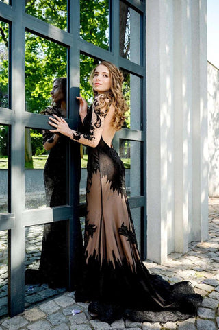 Black Lace Gown with Open Back and Long Sleeves - Dioma Fashion