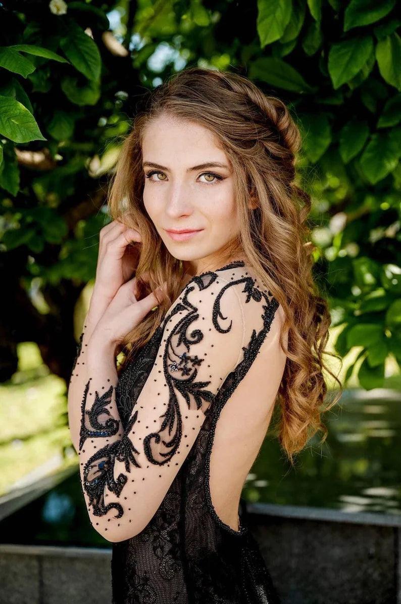 Black Lace Gown with Open Back and Long Sleeves