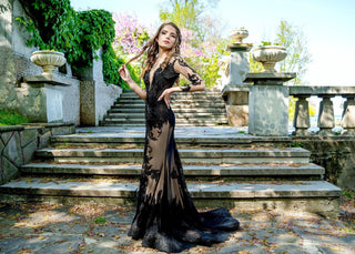 Black Lace Gown with Open Back and Long Sleeves - Dioma Fashion