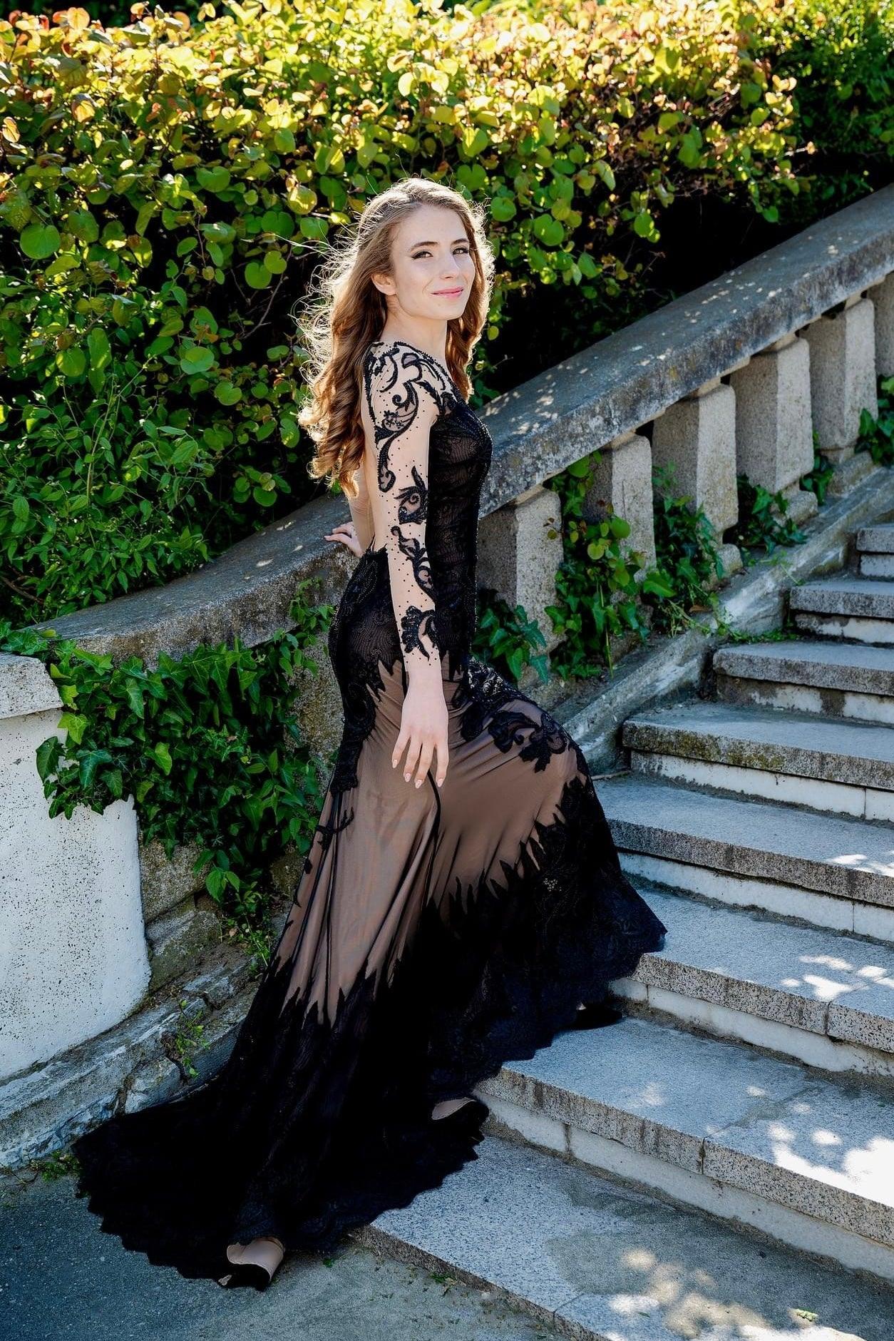 Black Lace Gown with Open Back and Long Sleeves