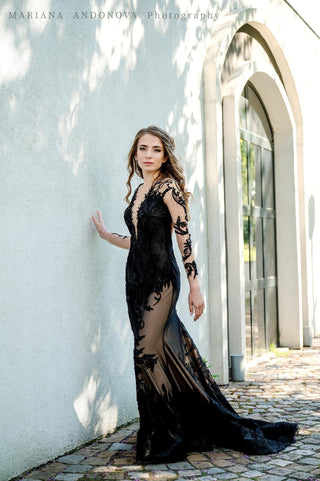 Black Lace Gown with Open Back and Long Sleeves - Dioma Fashion