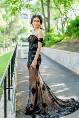 Black Lace wedding dress Gothic Unique Gown with train - Dioma Fashion