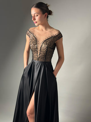 Black Wedding Dress Alternative Illusion Neckline and Pockets - Dioma Fashion