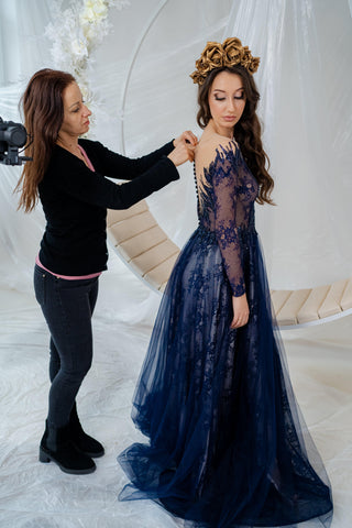 Navy blue lace long sleeve evening gown - Dioma