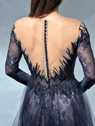 Navy blue lace long sleeve evening gown - Dioma